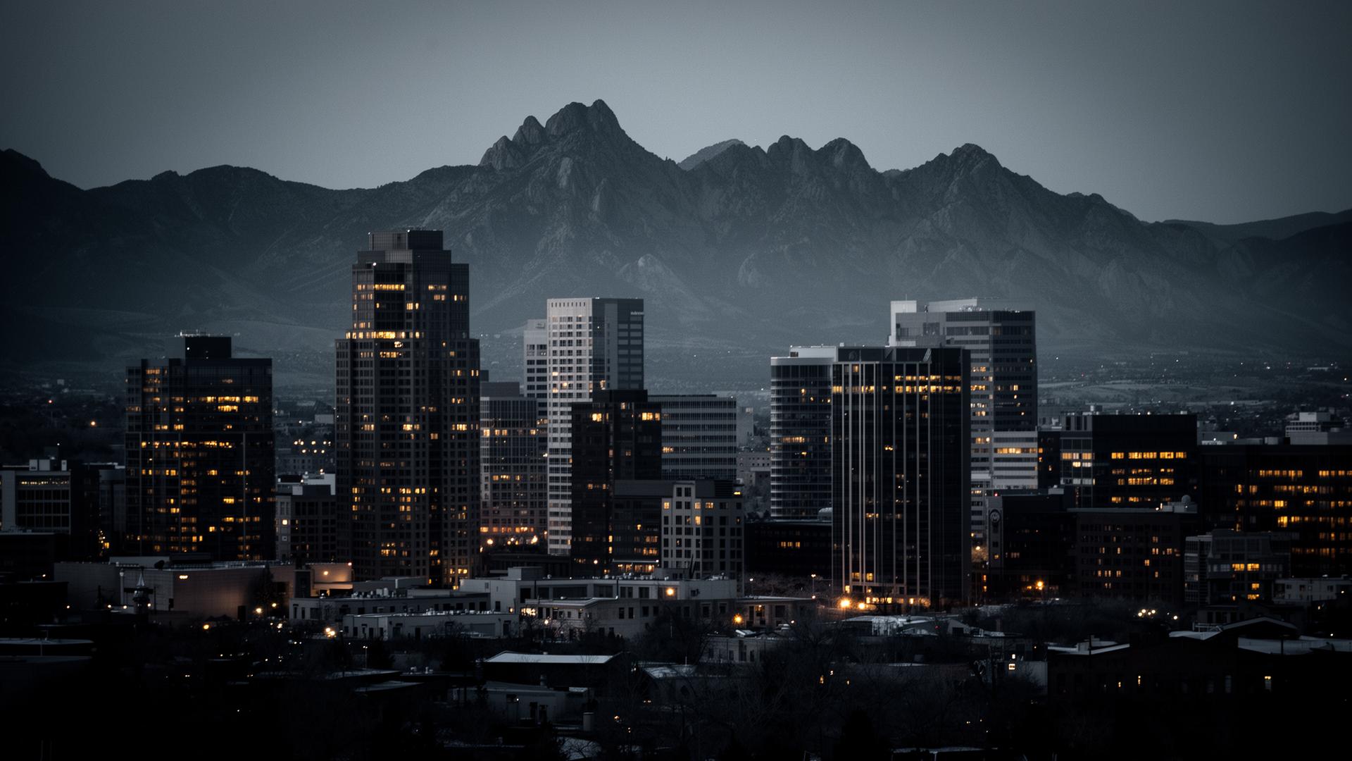 Denver skyline at dusk with the Rocky Mountains beyond
